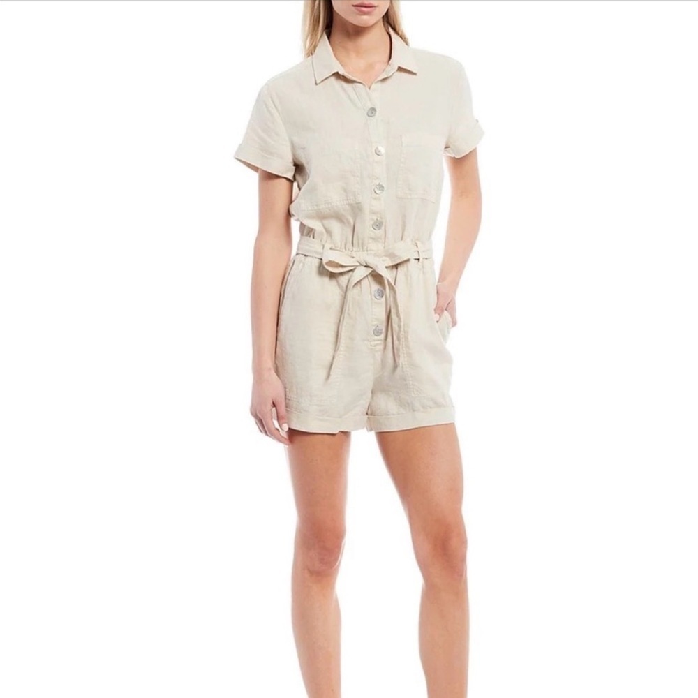 Cloth & Stone Oatmeal 100% Linen Roll Hem Elastic Waist Utility Romper Women XS